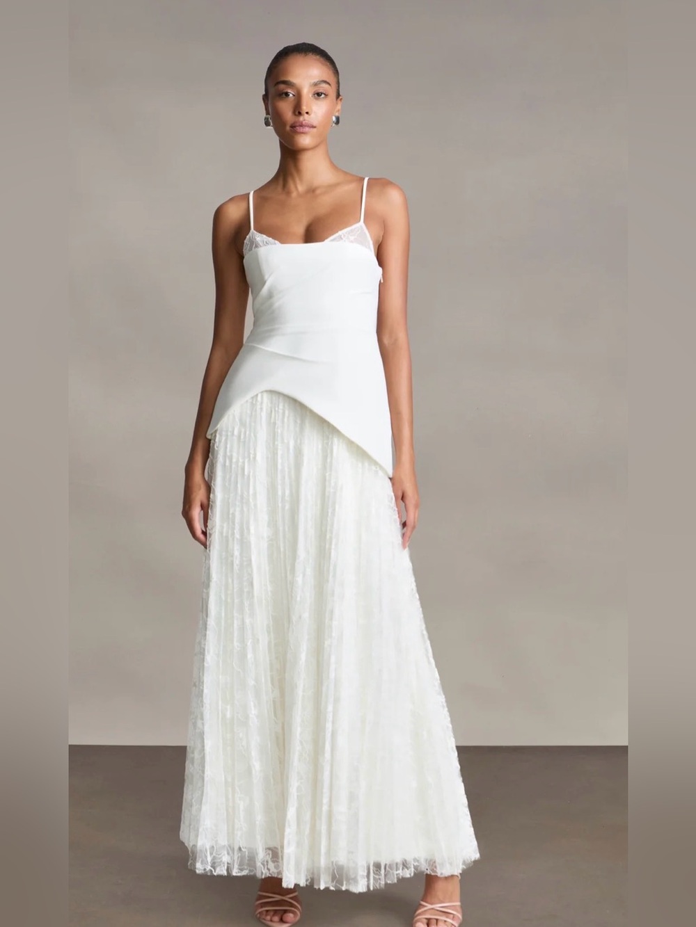 AMUR Leighton Ivory Lace Overlay Spaghetti-Strap Gown